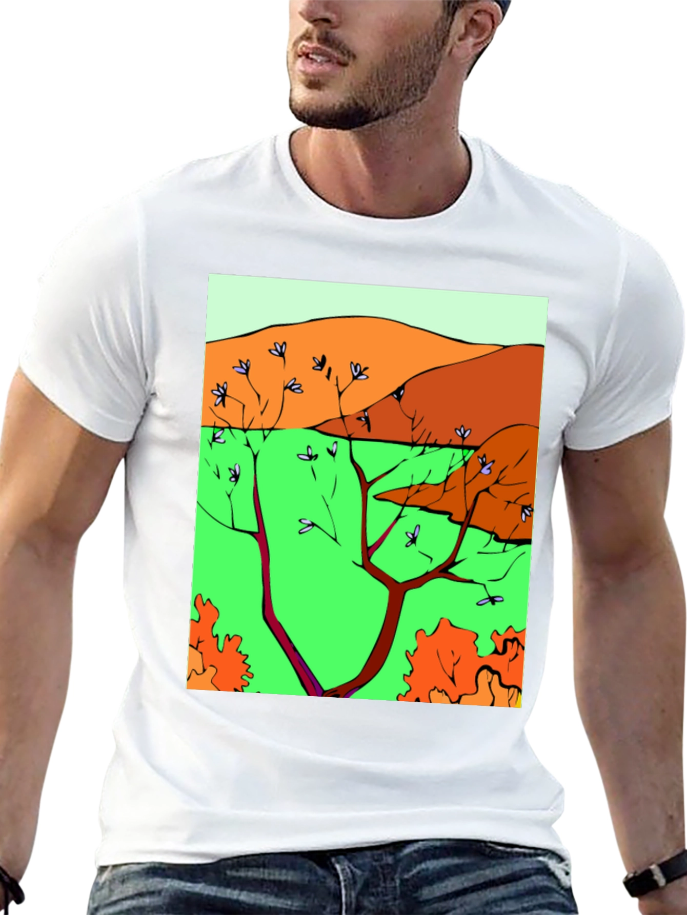 Nature Scene Graphic Print Tee - Unique Artistic Design