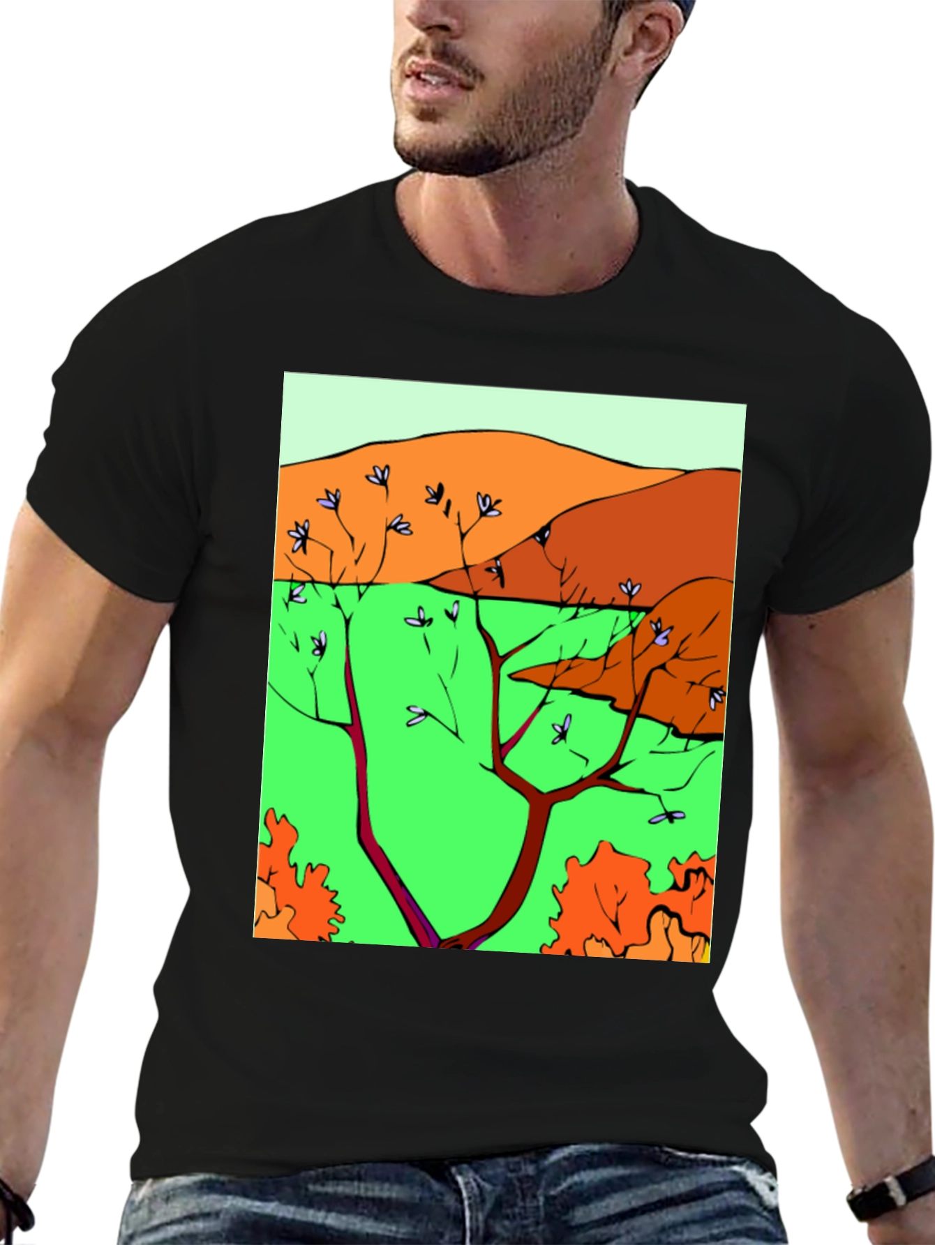 Nature Scene Graphic Print Tee - Unique Artistic Design