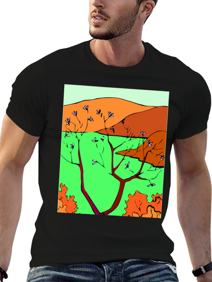 Nature Scene Graphic Print Tee - Unique Artistic Design