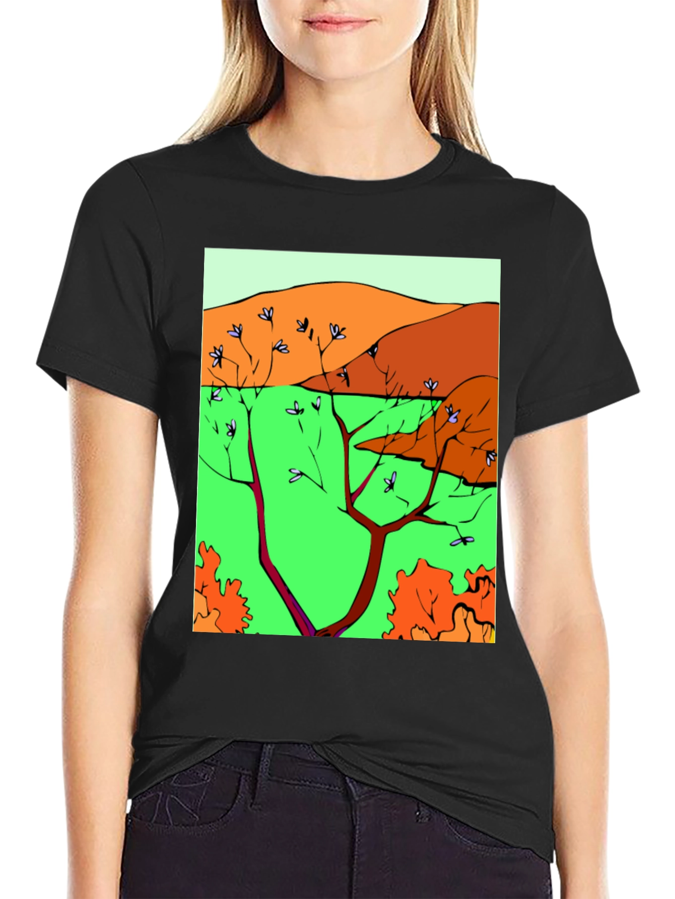 Nature Scene Graphic Print Tee - Unique Artistic Design