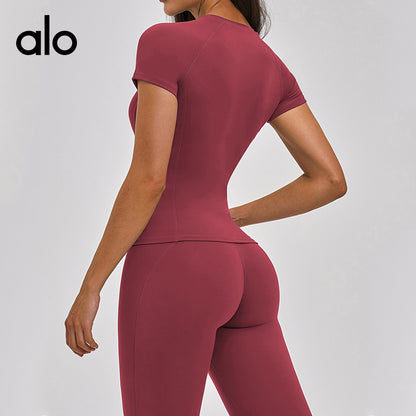 Aloyoga Brushed Round-neck Tight-Fitting T-Shirt for Outdoor Sports, Running, Fitness and Yoga