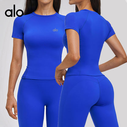 Aloyoga Brushed Round-neck Tight-Fitting T-Shirt for Outdoor Sports, Running, Fitness and Yoga