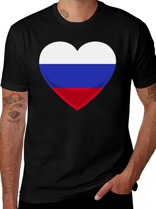 Russian Flag Heart Graphic Tee - Black Cotton T-Shirt