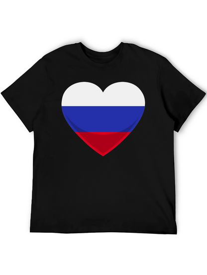Russian Flag Heart Graphic Tee - Black Cotton T-Shirt