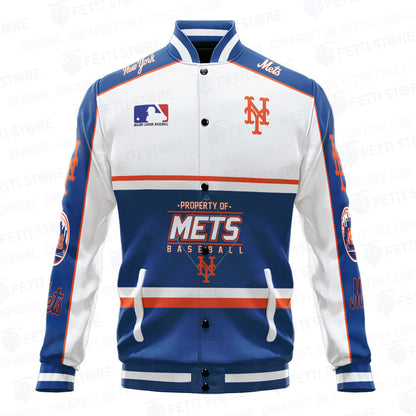 New York Mets Baseball White And Dark Blue Pattern Varsity Jacket - All-Over-Printed Jacket