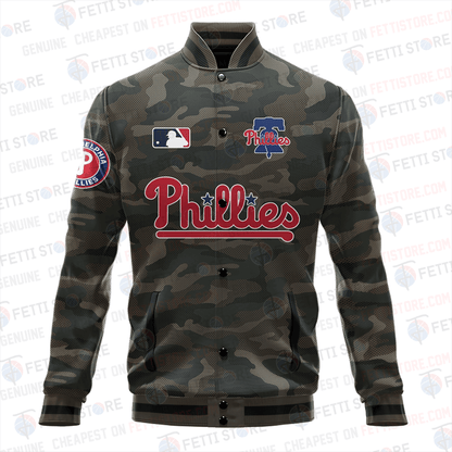 Philadelphia Phillies Major League Baseball Camo AOP Varsity Jacket STM - All-Over-Printed Jacket