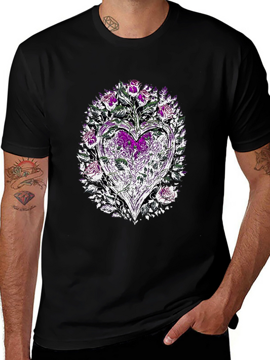 Floral Heart Graphic Tee - Stylish Mens Black T-Shirt