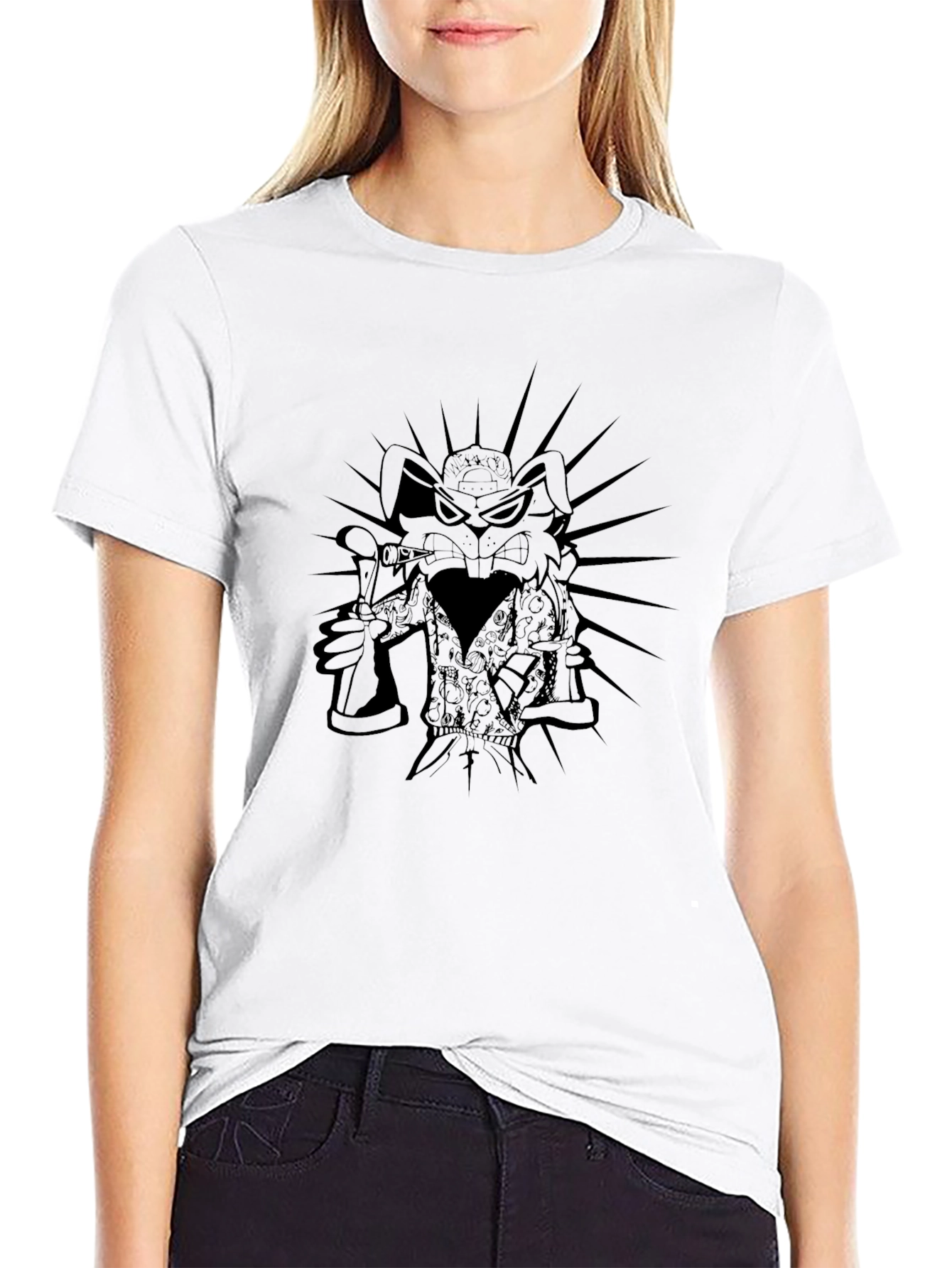 Mens Black Graphic T-Shirt - Cartoon Rabbit Design