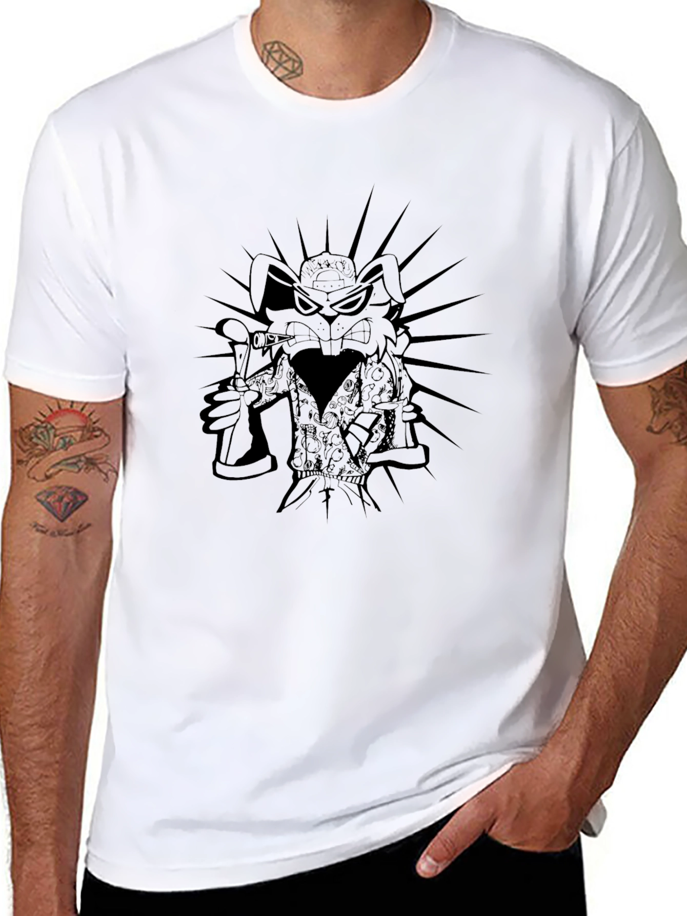 Mens Black Graphic T-Shirt - Cartoon Rabbit Design