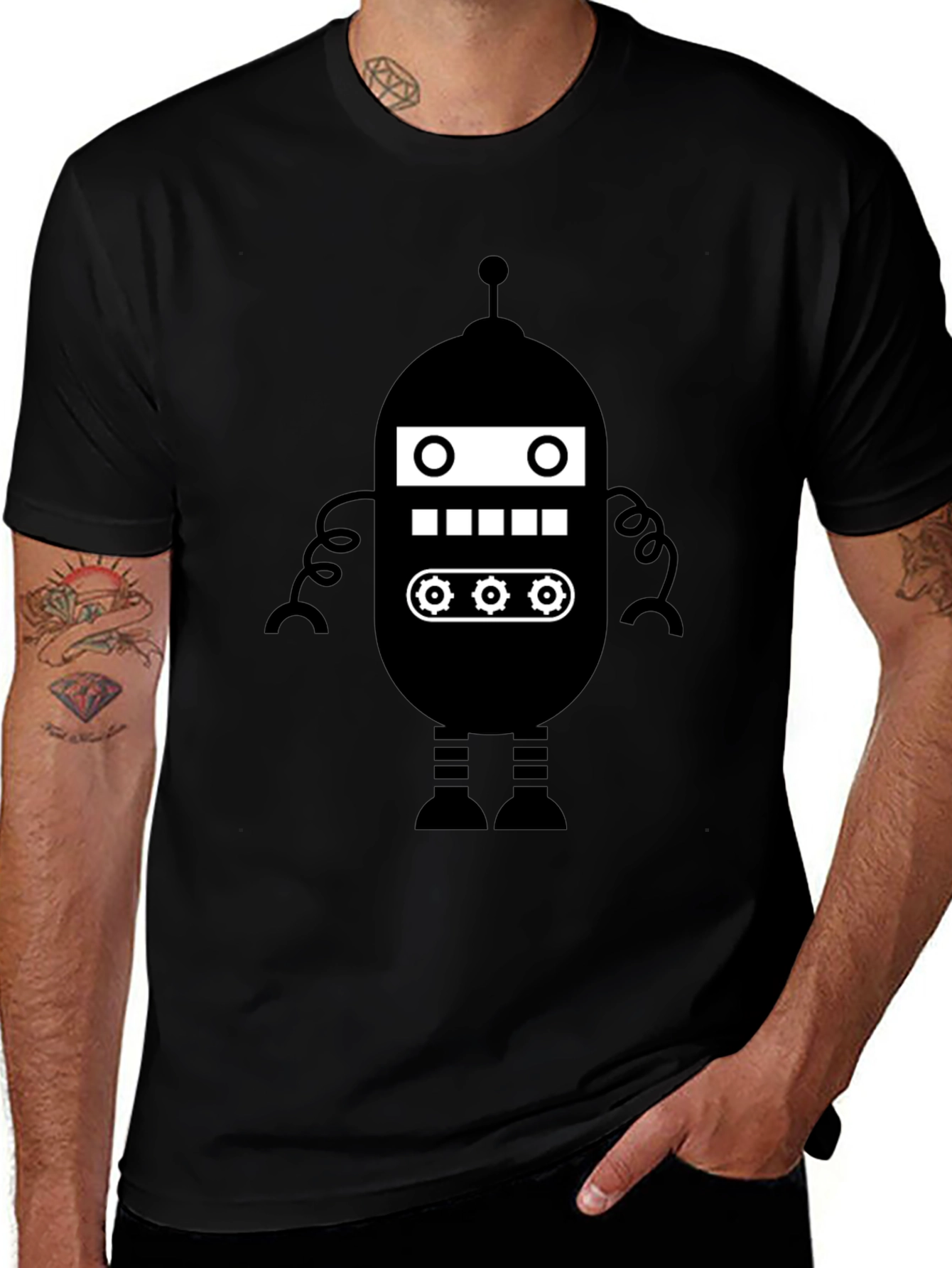Retro Robot Graphic Tee - Black Cotton Blend