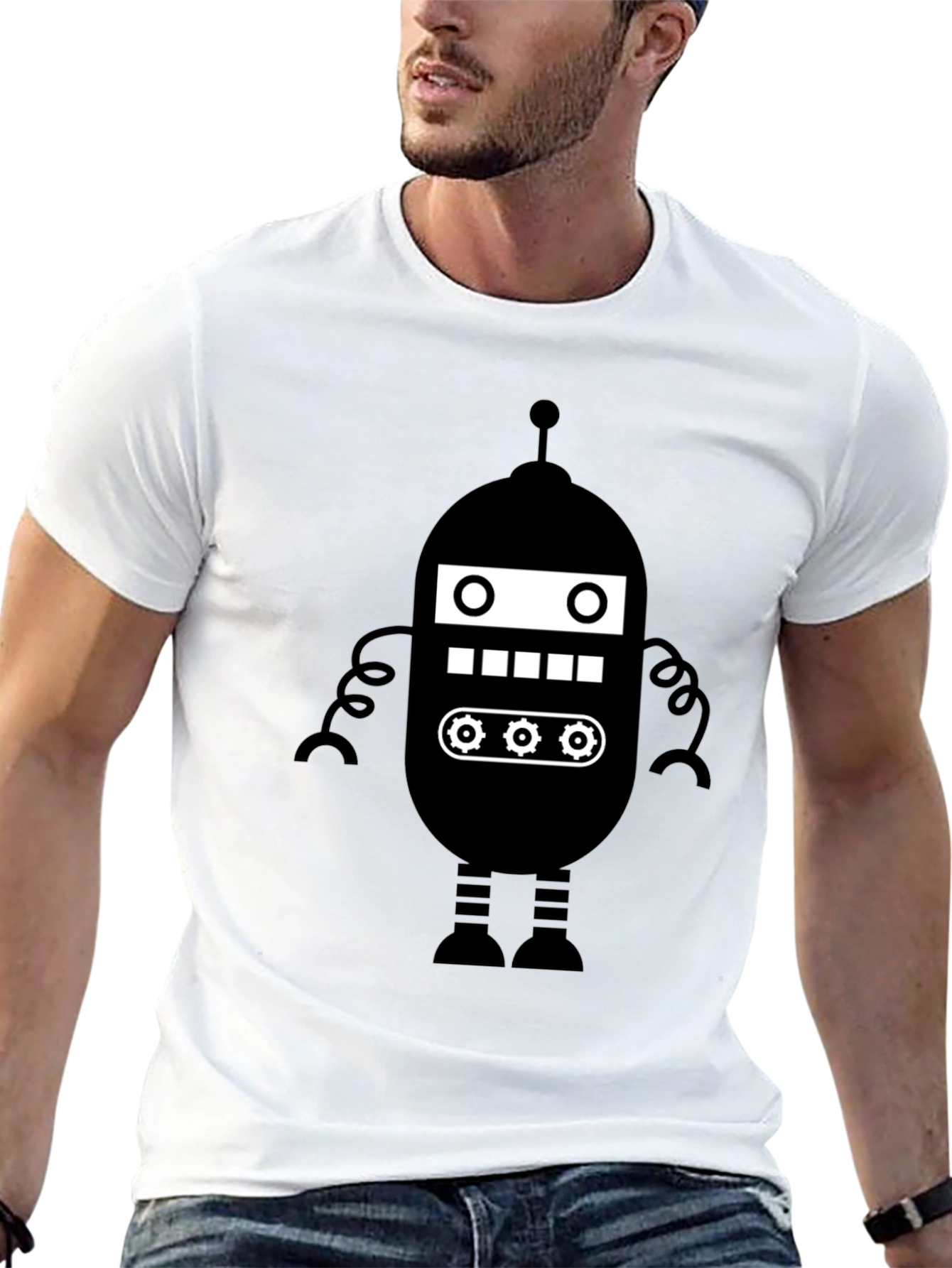 Retro Robot Graphic Tee - Black Cotton Blend