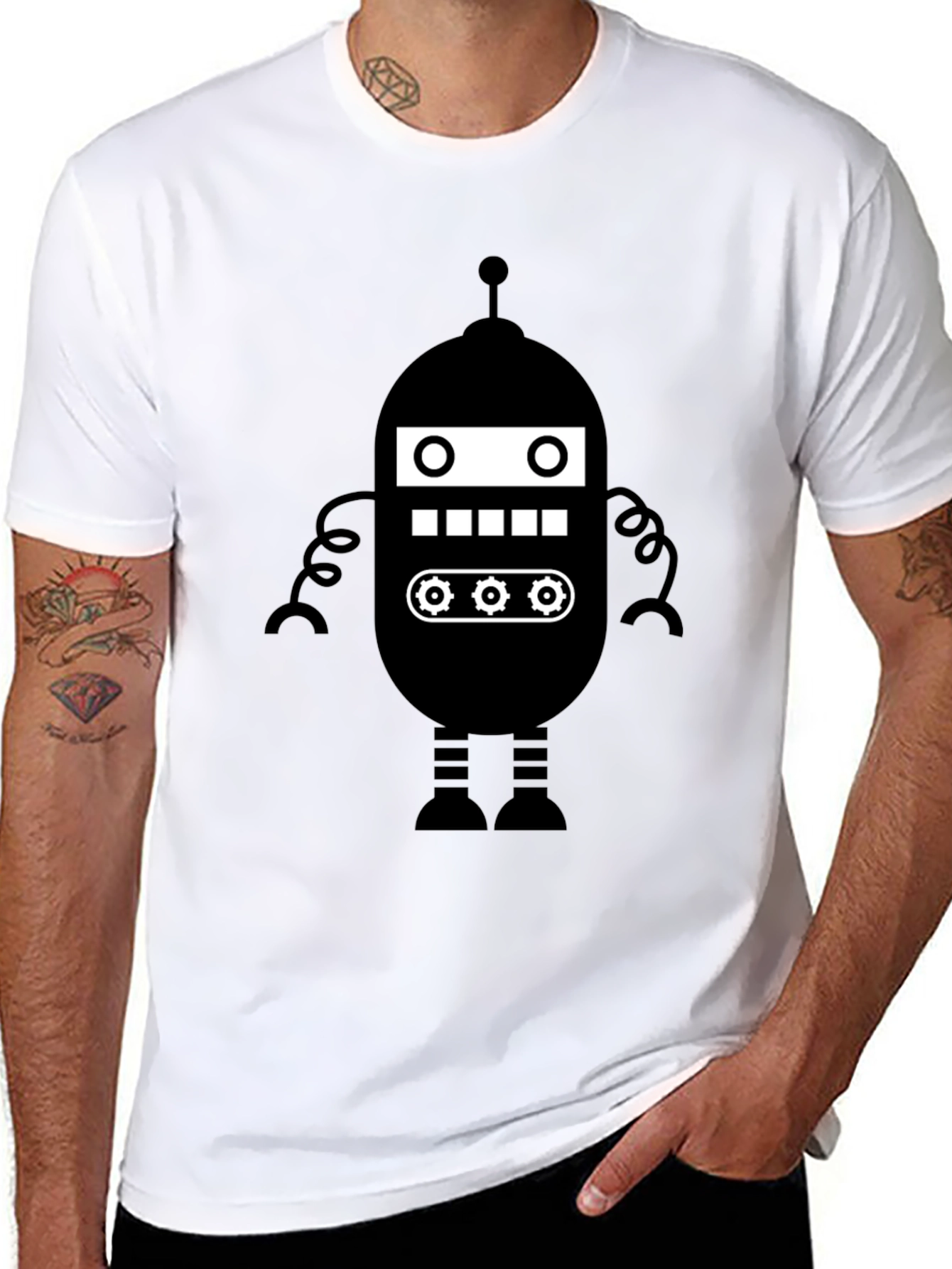 Retro Robot Graphic Tee - Black Cotton Blend