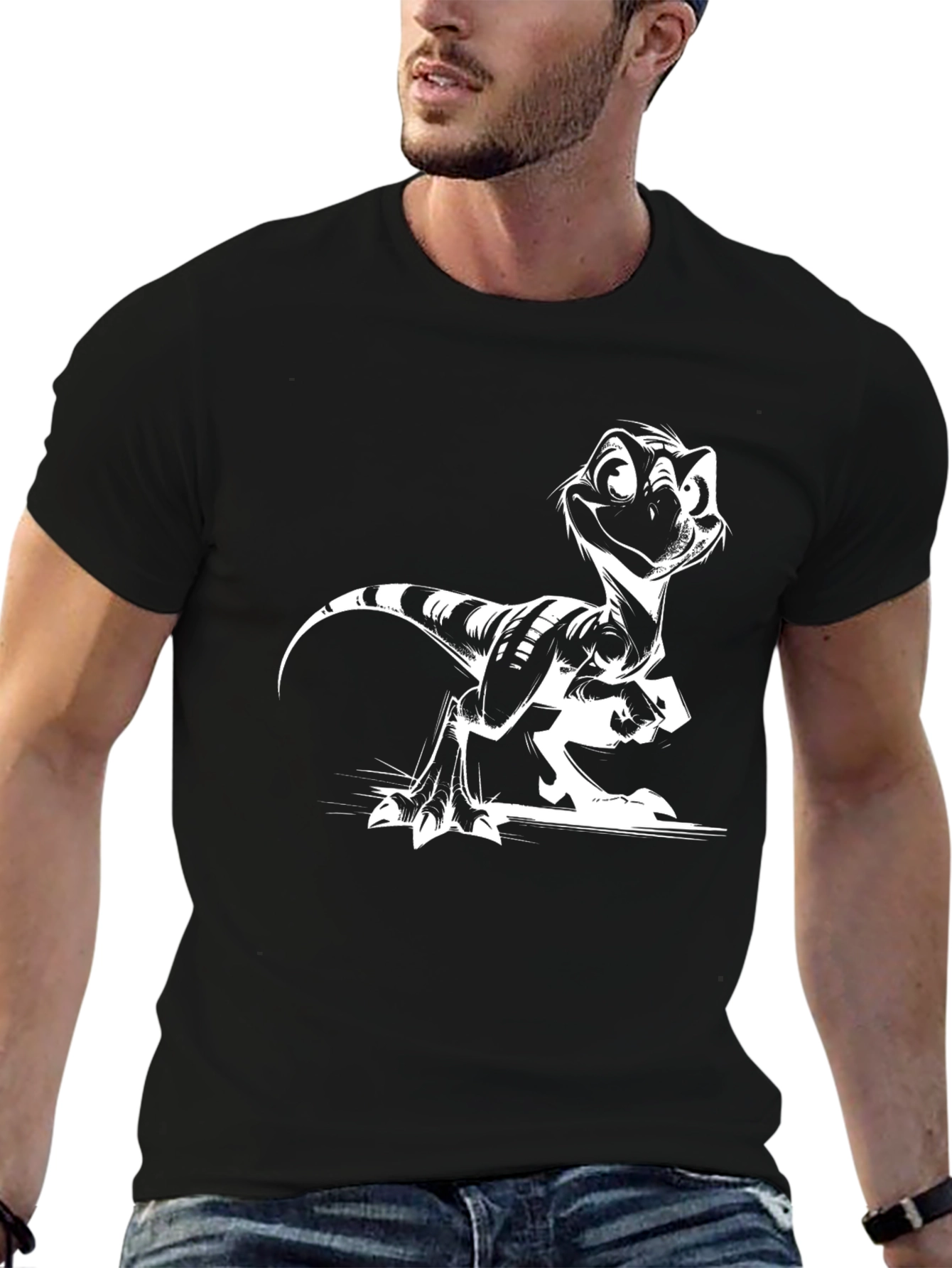 Cartoon Raptor Graphic Tee - Cool Black Shirt