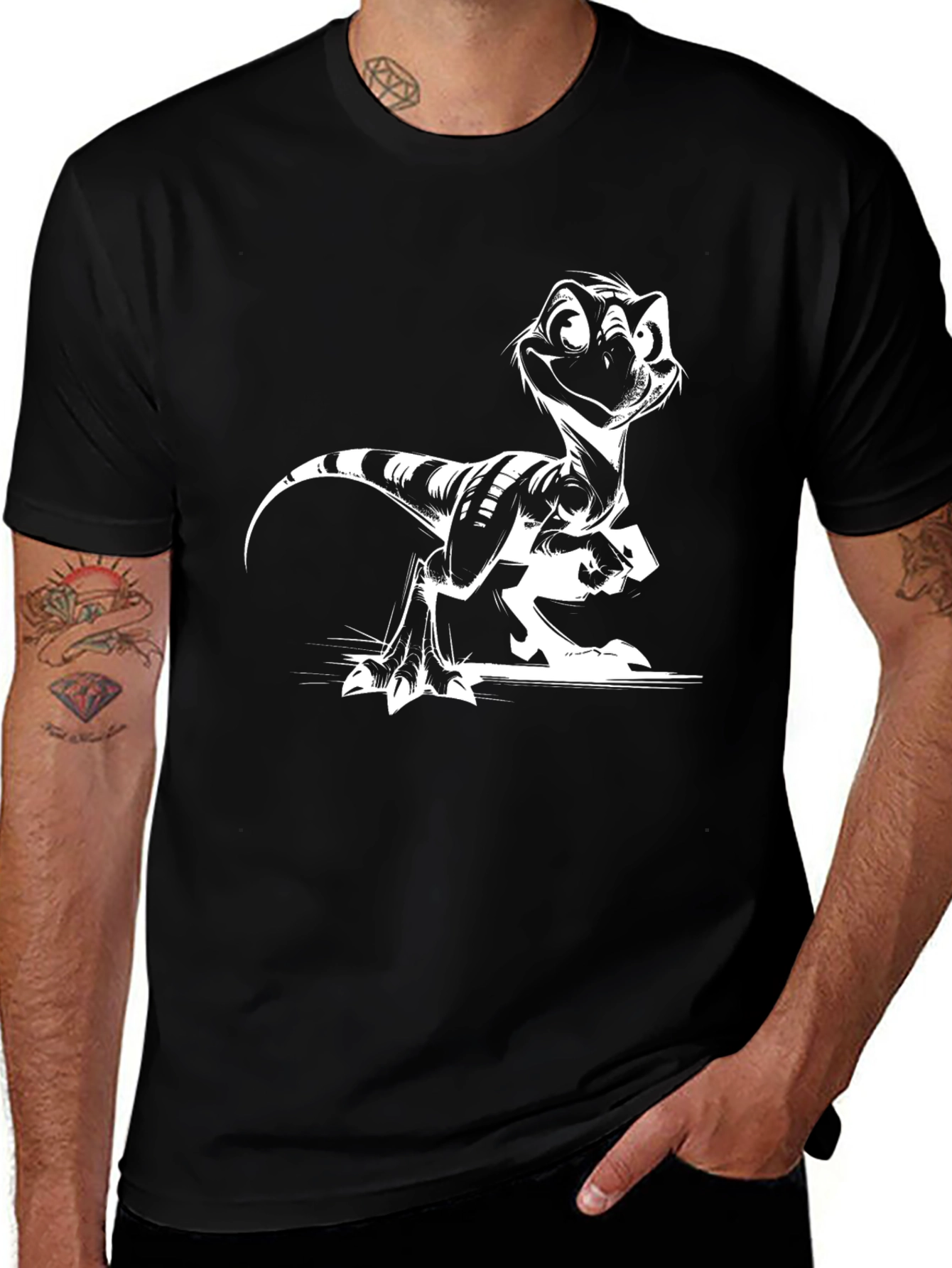 Cartoon Raptor Graphic Tee - Cool Black Shirt