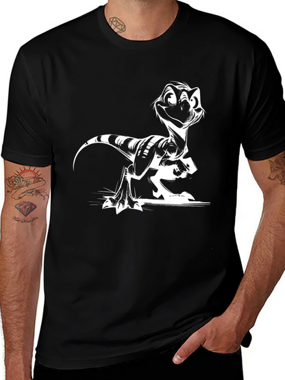 Cartoon Raptor Graphic Tee - Cool Black Shirt