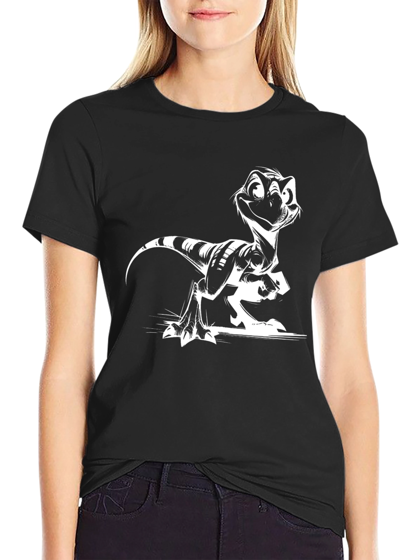 Cartoon Raptor Graphic Tee - Cool Black Shirt