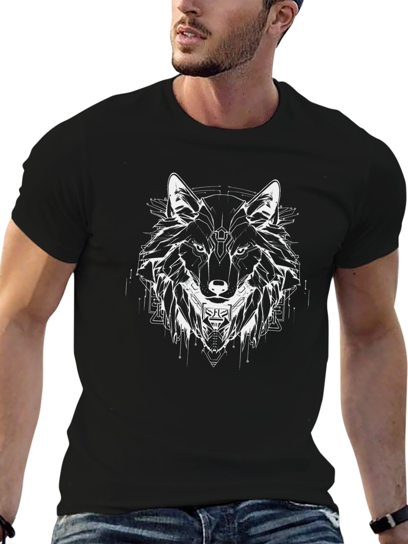 Geometric Wolf Graphic Black Tee