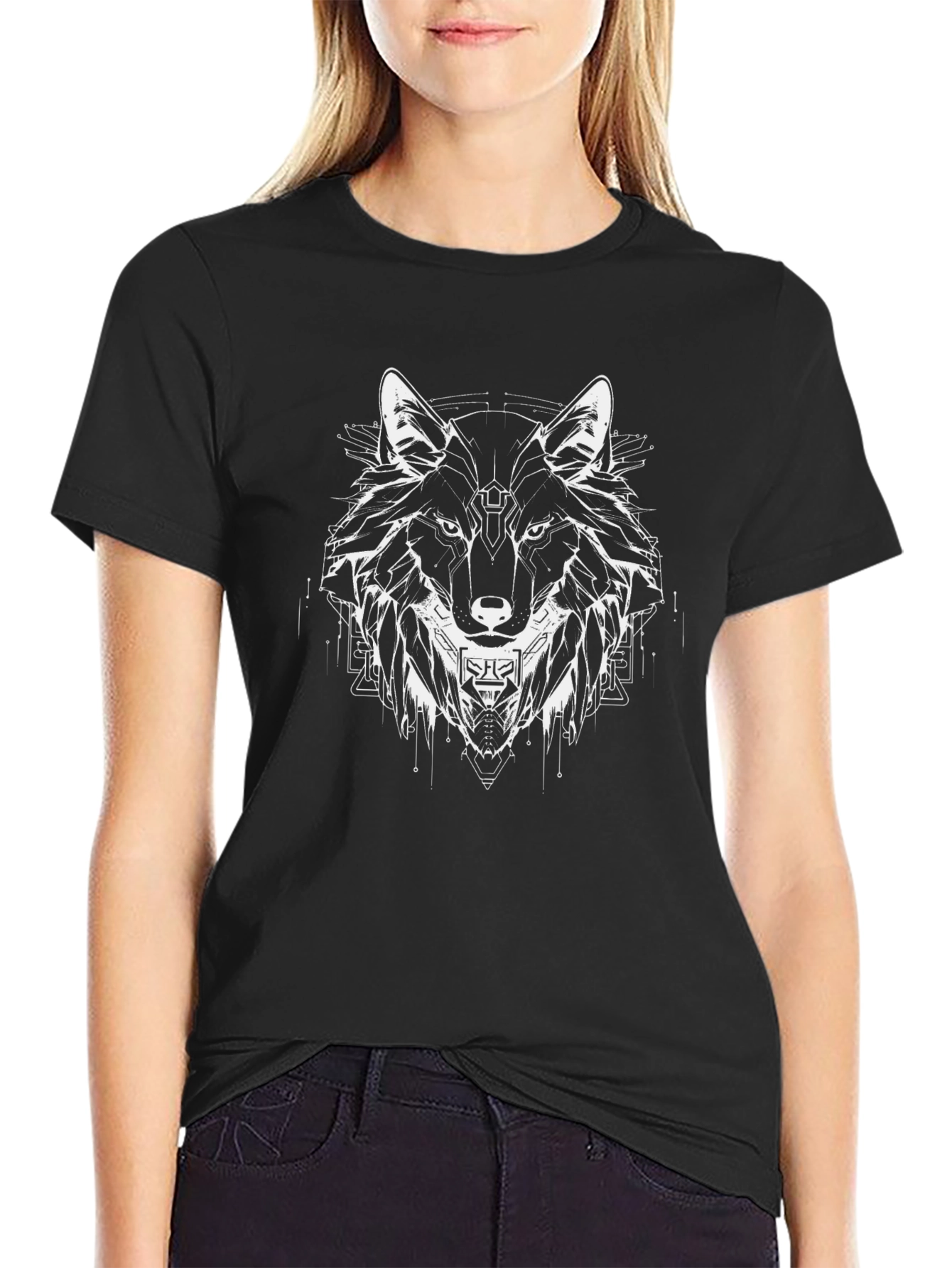 Geometric Wolf Graphic Black Tee