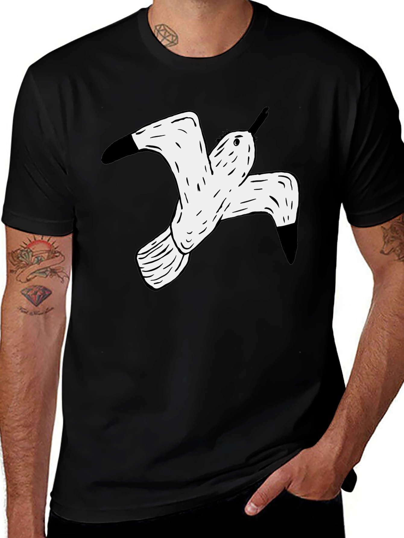 Black T-Shirt with White Flying Bird Graphic