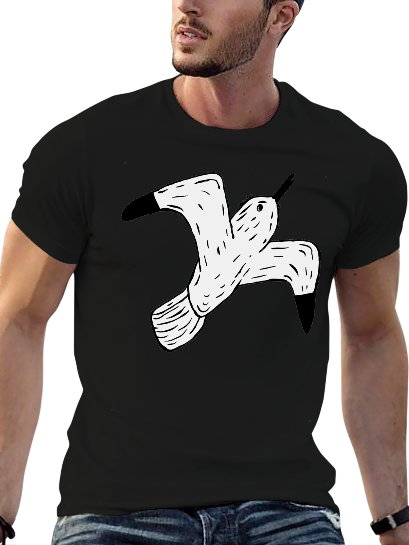 Black T-Shirt with White Flying Bird Graphic