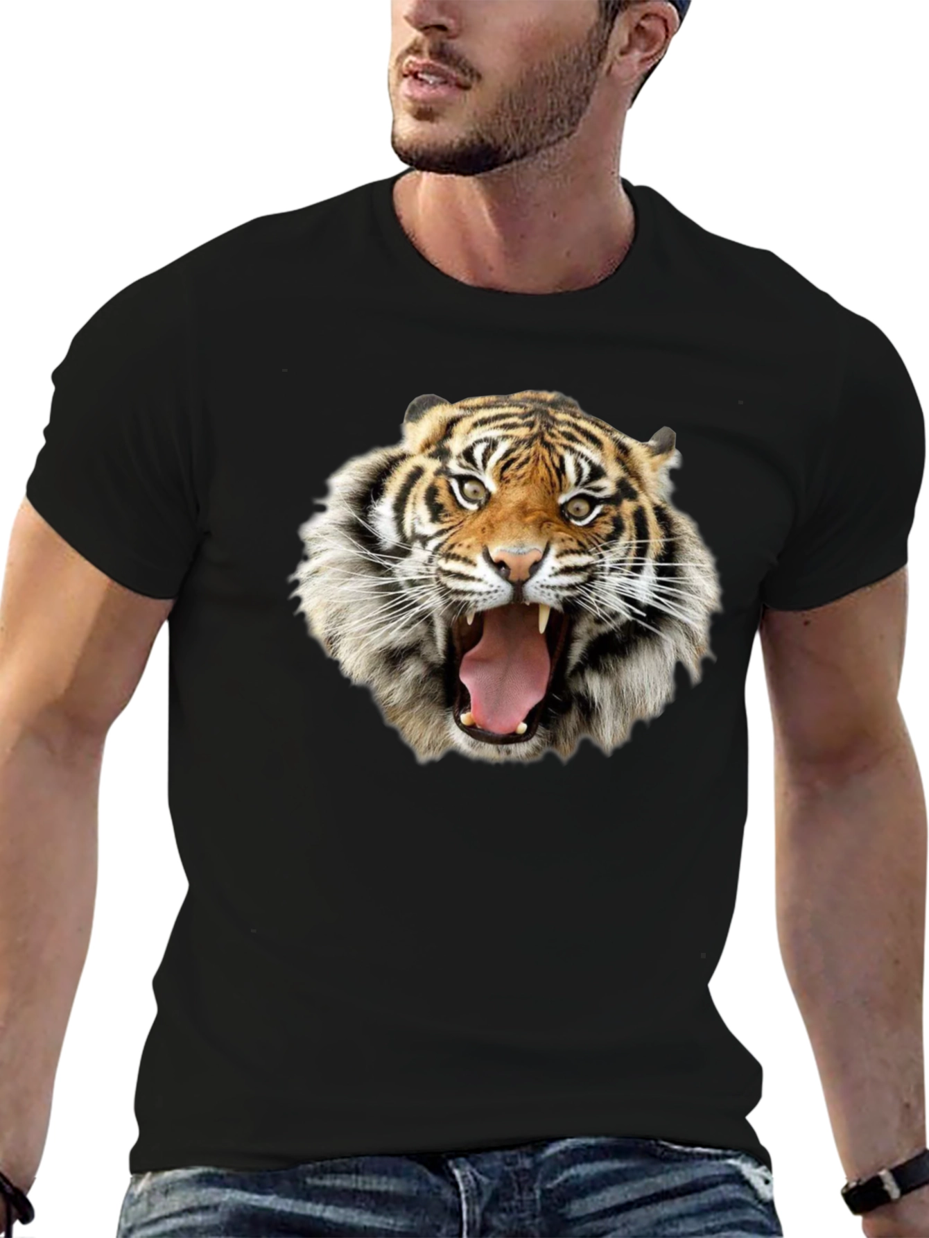 Tiger Face Graphic Print Black T-Shirt