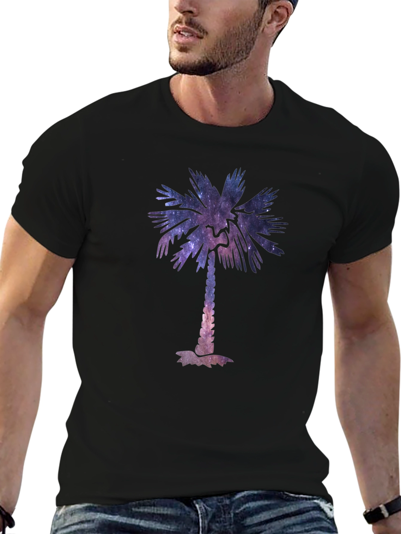 Cosmic Palm Tree Graphic Tee - Stylish Black T-Shirt