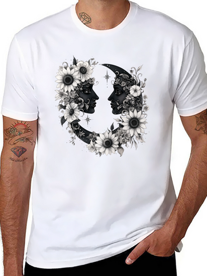 Floral Moon Faces Graphic Tee - Black