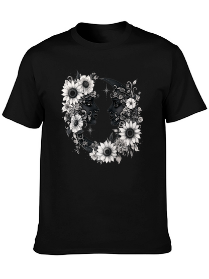 Floral Moon Faces Graphic Tee - Black