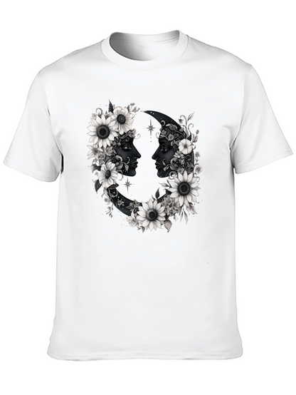 Floral Moon Faces Graphic Tee - Black