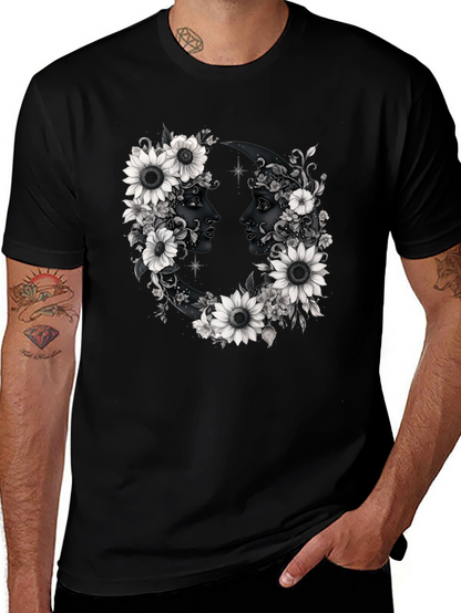 Floral Moon Faces Graphic Tee - Black