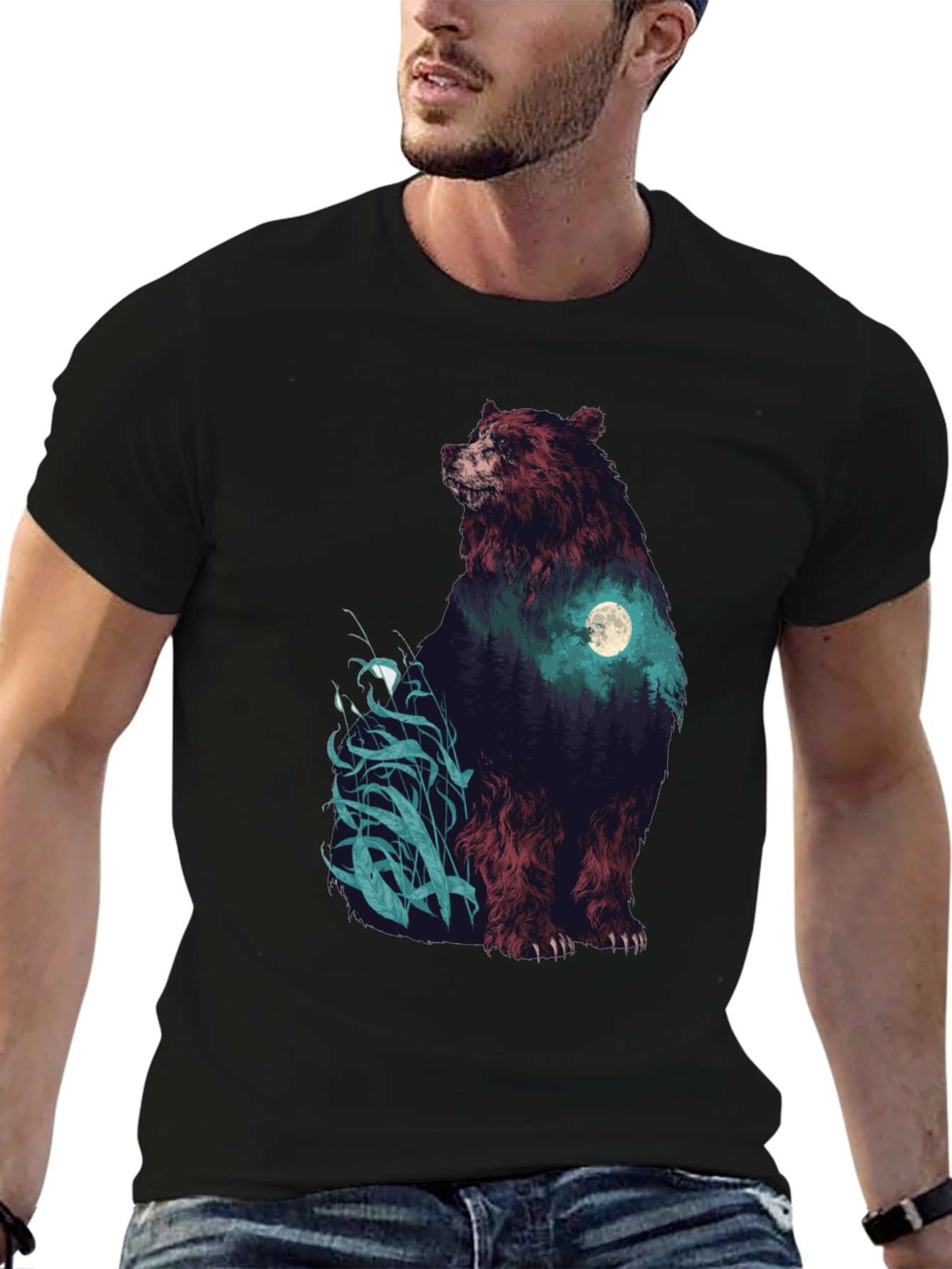 Bear Forest Moon Graphic T-Shirt