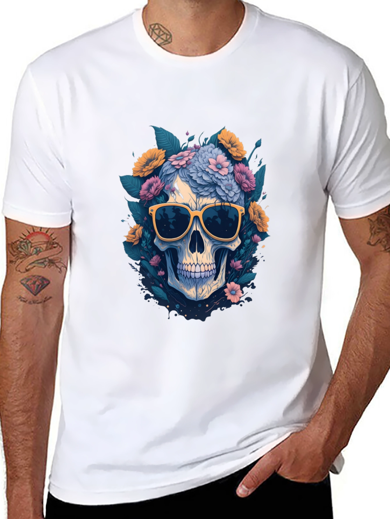 Skull with Flowers & Shades Graphic Tee