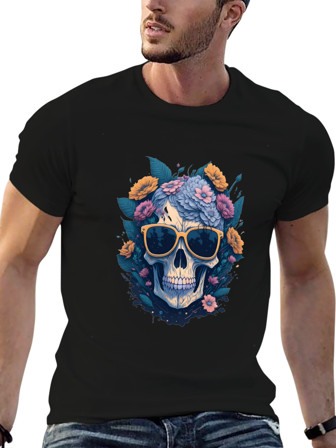 Skull with Flowers & Shades Graphic Tee