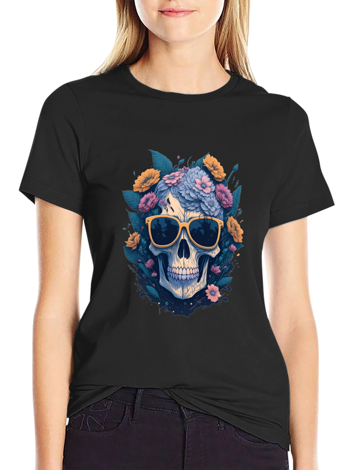 Skull with Flowers & Shades Graphic Tee