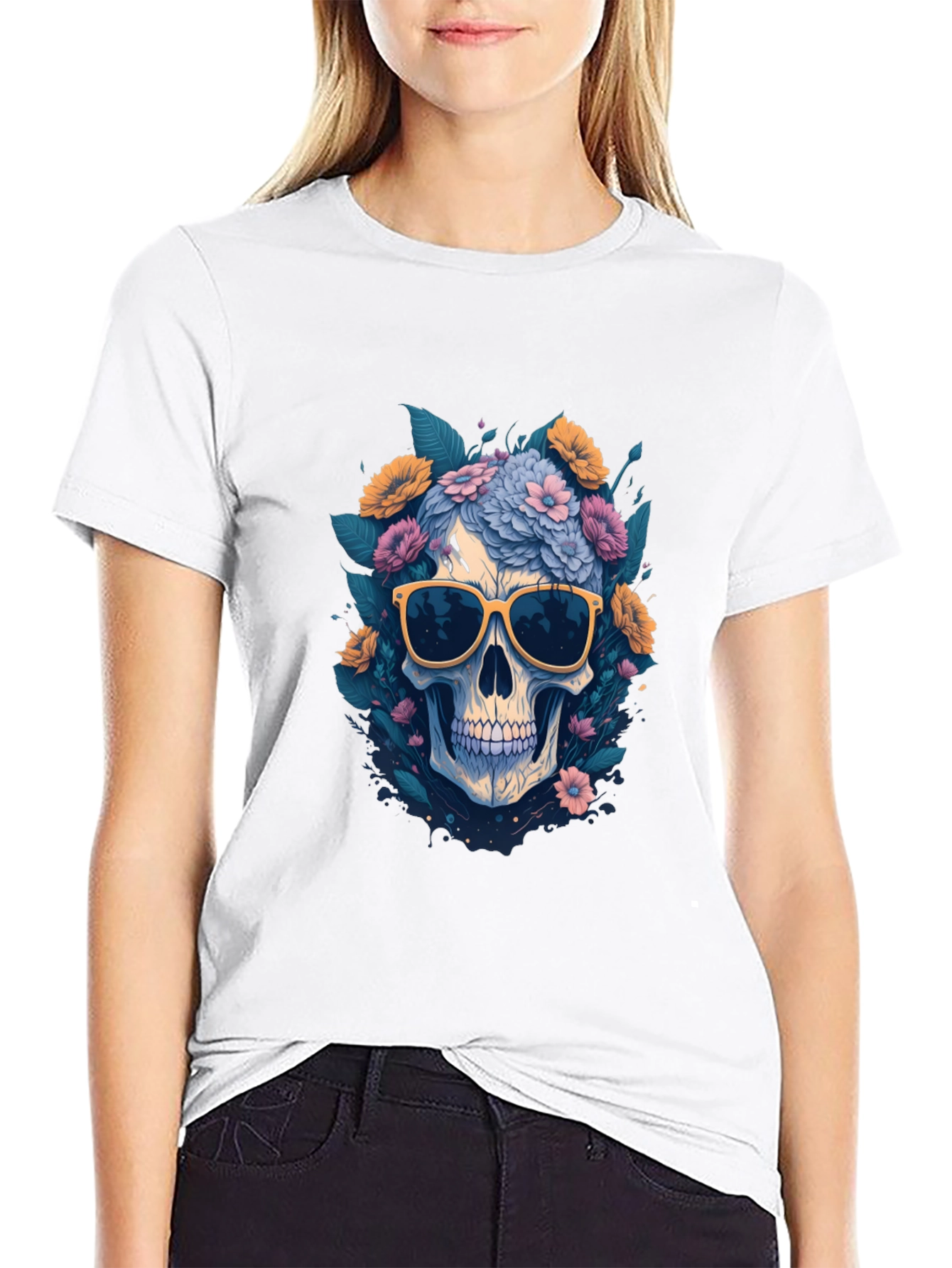 Skull with Flowers & Shades Graphic Tee