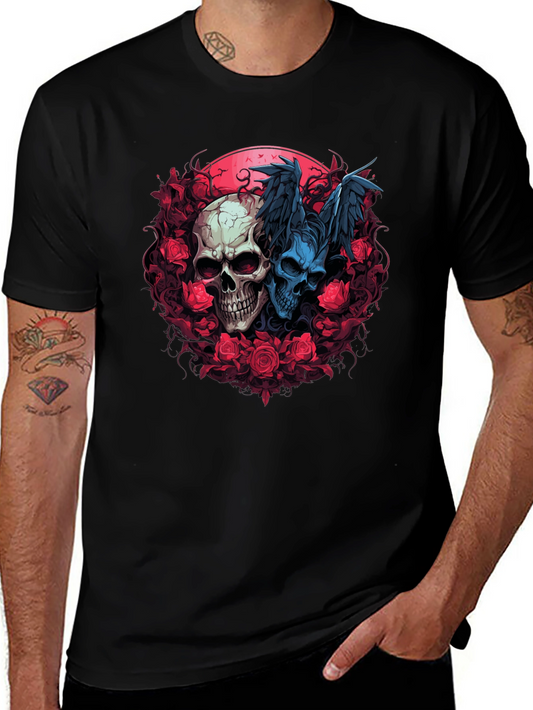 Skull & Roses Graphic Tee - Raven Wings Goth Design
