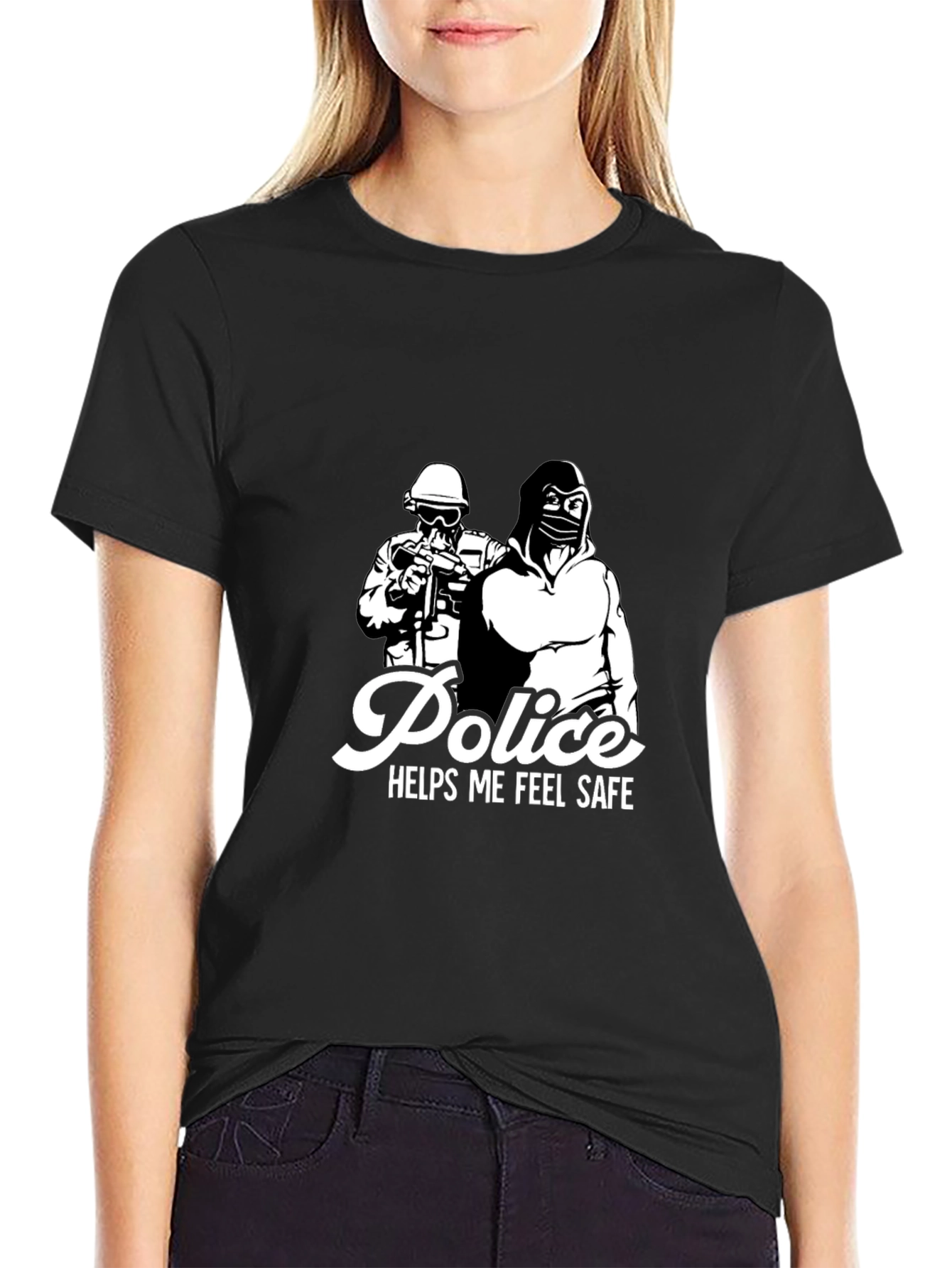Police Helps Me Feel Safe Black Graphic T-Shirt