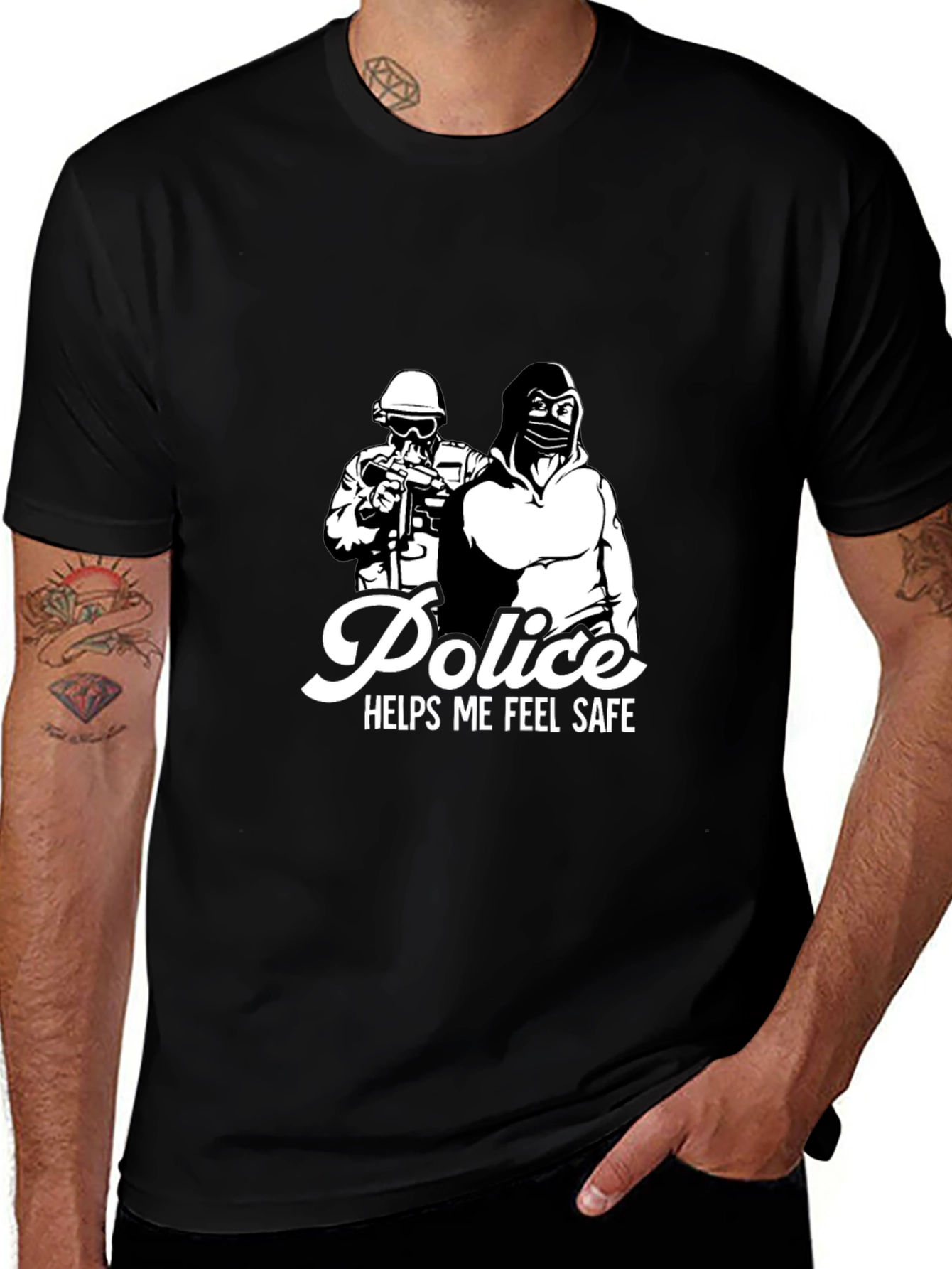 Police Helps Me Feel Safe Black Graphic T-Shirt